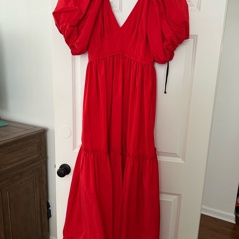 HUNTER BELL Vibrant Red Maxi Dress with Puff Sleeves